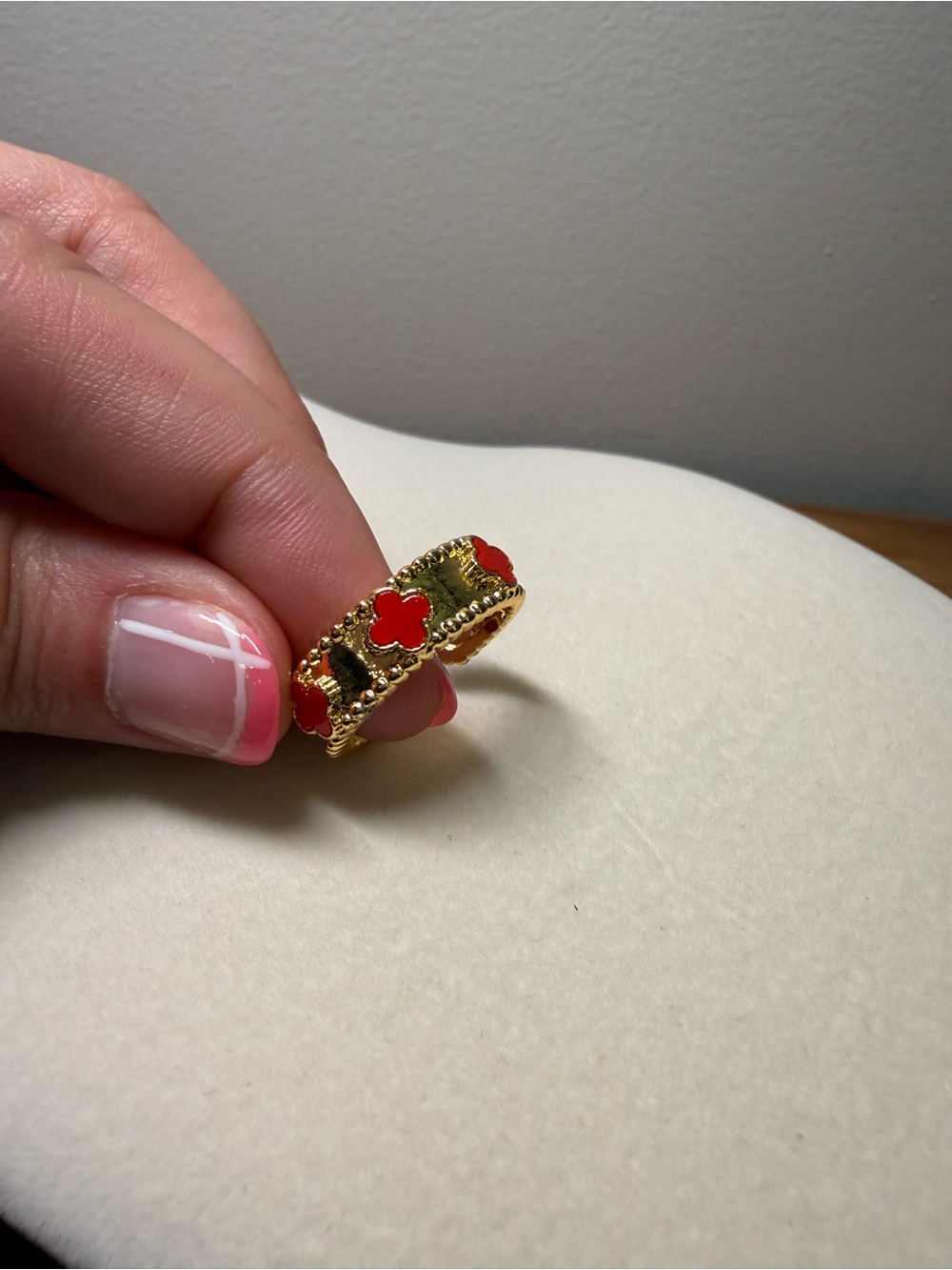 Adjustable Gold Tone Ring with Red Clover Accents